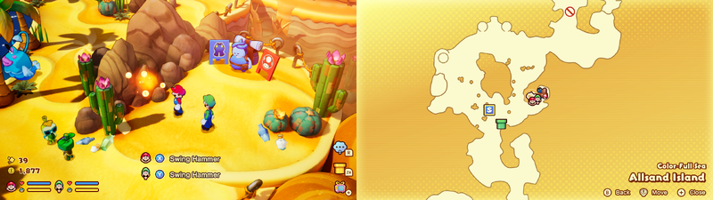 Mario and Luigi near a Sprite Bulb Nest on Allsand Island of Mario & Luigi: Brothership.