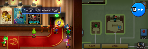 Mario getting the Blue Neon Egg from a blue Yoshi in Yoshi Theater part of Beanbean Fields of Mario & Luigi: Superstar Saga + Bowser's Minions.