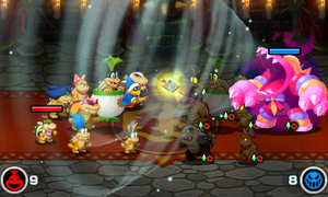 The combined Best Fitness Friends using Fitness Vortex to take the remote that Bowser Jr. uses for some Captain Commands in the Bowser Jr.'s Journey mode of Mario & Luigi: Bowser's Inside Story + Bowser Jr.'s Journey.