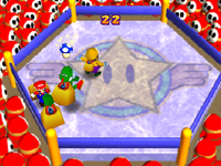 Grab Bag: Four players competing in snagging each others Mushrooms from the back of their bags they're carrying. From Mario Party 2.