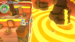 Mario standing near a crate containing a Coin Bag in Hotfoot Crater of The Origami King.