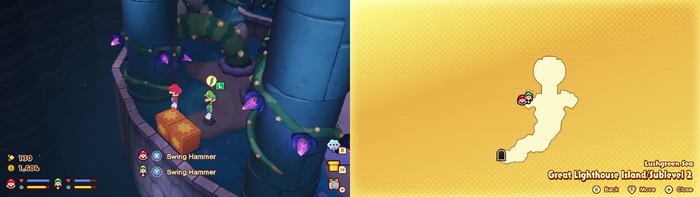 Mario and Luigi near wooden crates containing a Coin on Great Lighthouse Island of the Lushgreen Sea of Mario & Luigi: Brothership.