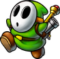 Sergeant Guy, a green Shy Guy with a bag on his back containing a gray pipe and a Magikoopa's wand.