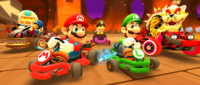 Mario, Luigi, Chargin' Chuck, Bowser Jr. (Pirate), and Meowser participating in the Bowser Tour's 2-Player Challenge in Mario Kart Tour