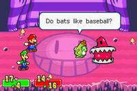 Screenshot of Bubbles telling the Chuckolator a joke in Mario & Luigi: Superstar Saga