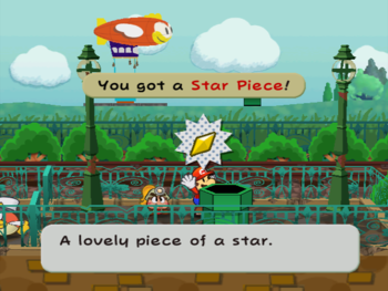 Mario getting the Star Piece behind the pipe to the balloon in the station area of Petalburg in Paper Mario: The Thousand-Year Door.