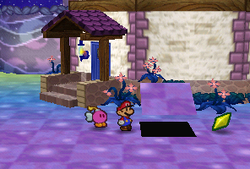 Mario finding a Star Piece under a hidden panel near the house in Shooting Star Summit in Paper Mario