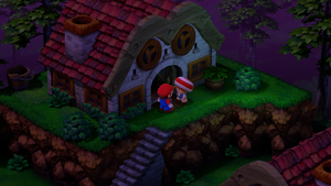 Treasure Hunter Toad giving Mario a Frog Coin outside his house in Rose Town of Super Mario RPG.