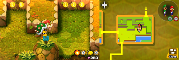 Bowser near 5 Five Coins in Bumpsy Plains of Mario & Luigi: Bowser's Inside Story + Bowser Jr.'s Journey.