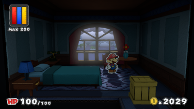 Mario near the unrevealed ghost in the Room 202 of Dark Bloo Inn of Paper Mario: Color Splash.
