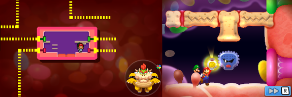 Mario and Luigi getting a coin bag containing 200 Coins from a Nutsoglobin in Flab Zone of Mario & Luigi: Bowser's Inside Story + Bowser Jr.'s Journey.