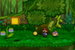 Mario finding a Coin from a tree in Jade Jungle of Paper Mario.