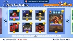 Screenshot of Mario Toy Factory's level select screen from the Nintendo Switch version of Mario vs. Donkey Kong