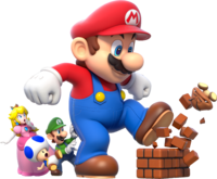 Artwork of Mega Mario and the three other playable characters, from Super Mario 3D World.