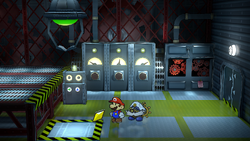 Mario getting the Star Piece near the crane in the X-Naut Fortress in the remake of the Paper Mario: The Thousand-Year Door for the Nintendo Switch.