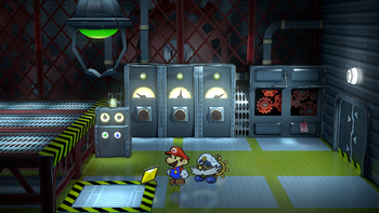 Mario getting the Star Piece near the crane in the X-Naut Fortress in the remake of the Paper Mario: The Thousand-Year Door for the Nintendo Switch.