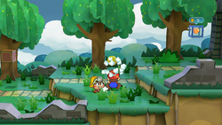 Mario getting a Coin from a bush in the Path to Shhwonk Fortress of Paper Mario: The Thousand-Year Door for Nintendo Switch.