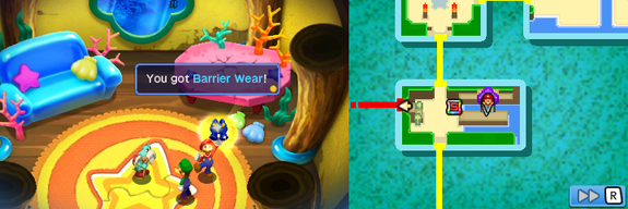 Mario and Luigi getting the Barrier Wear from Kuzzle in Plack Beach of Mario & Luigi: Bowser's Inside Story + Bowser Jr.'s Journey.