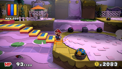 Mario in front of the revealed stairs in Plum Park of Paper Mario: Color Splash.