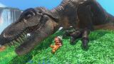 Mario sleeping next to a dinosaur.