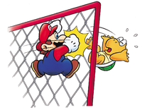 Artwork of Mario hitting a Climbing Koopa on a fence, from Super Mario World.