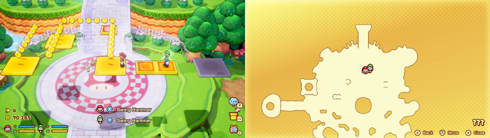 Mario and Luigi near 28 Coins in the illusionary Mushroom Kingdom area of Soli-Tree of Mario & Luigi: Brothership.