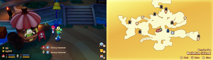 Mario and Luigi near wooden crates containing a Coin on Bulbfish Island of Mario & Luigi: Brothership.