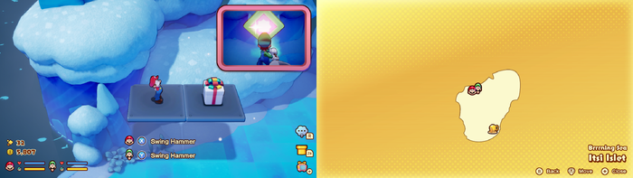 Mario near the present containing En Garde Boots on Itsi Islet of Mario & Luigi: Brothership.