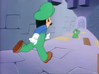 Luigi saving Yoshi in the Spike Chamber.