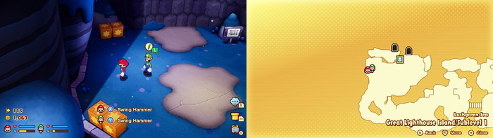 Mario and Luigi wooden crates containing 2 Coins on Great Lighthouse Island of the Lushgreen Sea of Mario & Luigi: Brothership.