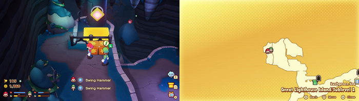 Mario and Luigi near wooden crates containing a Coin on Great Lighthouse Island of the Lushgreen Sea of Mario & Luigi: Brothership.