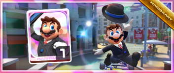 Mario (Black Suit) from the Spotlight Shop in the 2023 Summer Tour in Mario Kart Tour