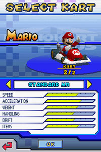 Mario in his Standard MR kart from the kart selection menu.