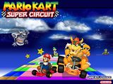 Mario, Bowser, Luigi and Yoshi racing on Rainbow Road