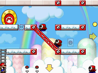 A visual glitch where a Shy Guy displays the incorrect walking animation in Area S-15 in Mario vs. Donkey Kong: Mini-Land Mayhem!.