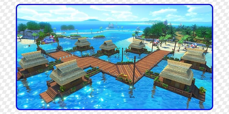 Screenshot of DS Cheep Cheep Beach from Mario Kart 8 Deluxe, shown with the fourth question of the Which beach is which? quiz
