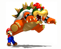 Artwork of Mario swinging Bowser by the tail in Super Mario 64.