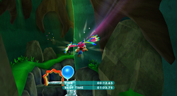 A screenshot of  Mario riding Fluzzard through the Wild Glide Galaxy.