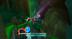 A screenshot of Mario riding Fluzzard through the Wild Glide Galaxy.