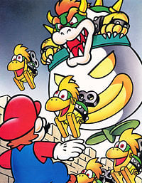 Super Mario World: Bowser in his Koopa Clown Car throwing Mechakoopas towards Mario