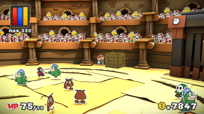 Mario near a crate containing Big Eekhammer Battle Card in The Golden Coliseum of Paper Mario: Color Splash.