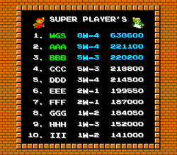 The "Super Player's" (sic) high score screen in VS. Super Mario Bros.