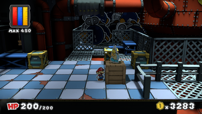 Mario near a crate containing Huge Iron Jump in Black Bowser's Castle of Paper Mario: Color Splash.