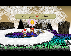 Mario getting 20 Coins from Doe T. in Boggly Woods of Paper Mario: The Thousand-Year Door.