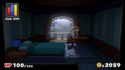 Mario near the unrevealed Yoshi in the Room 303 of Dark Bloo Inn of Paper Mario: Color Splash.