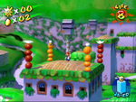 Mario is surrounded by four Pokeys, two of whom are brown, in an early version of Bianco Hills from Super Mario Sunshine.