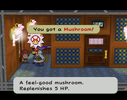 Mario getting a Mushroom from the conductor on Excess Express of Paper Mario: The Thousand-Year Door.