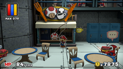 Mario being given the Fishing Pole from Prisma Café barista in Fort Cobalt of Paper Mario: Color Splash.
