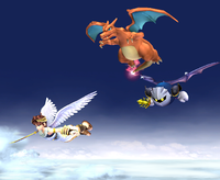 Pit, Charizard, and Meta Knight gliding in the skies in Super Smash Bros. Brawl