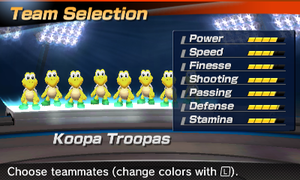 Koopa Troopa's stats in the soccer portion of Mario Sports Superstars